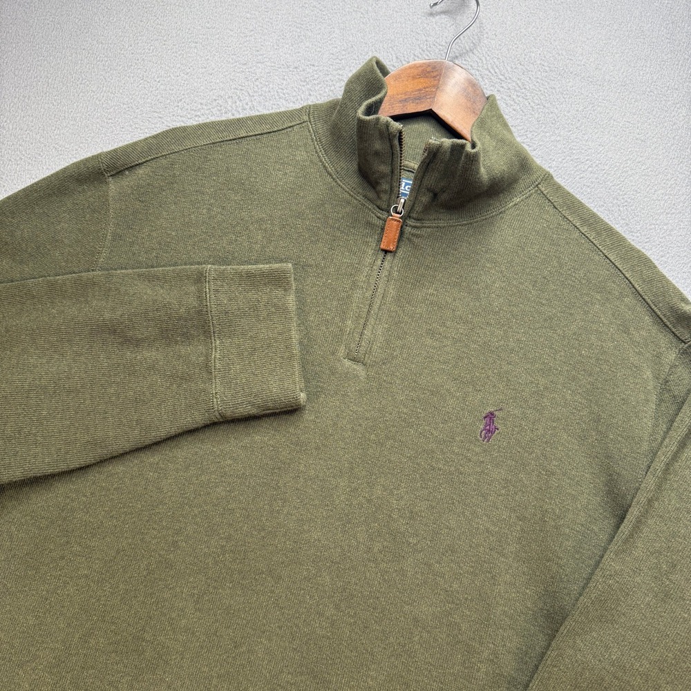 Polo Ralph Lauren Quarter Zip Sweater Men L Green Cotton Pullover Classic Preppy
